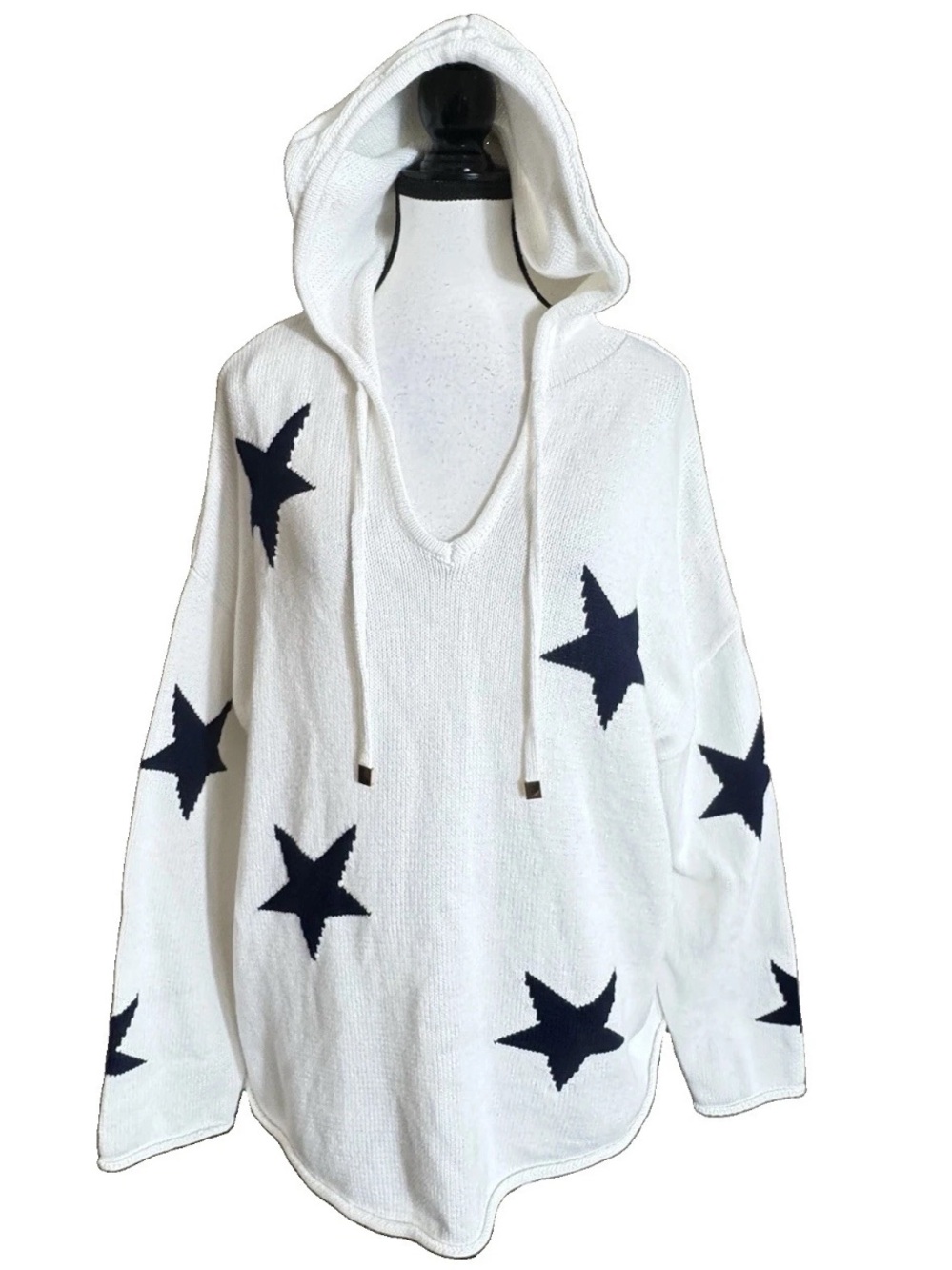 Brit.NY White Navy Blue Star Knit Hoodie Sweater Women's *XL Cotton Pullover USA